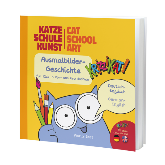 08 "Katze Schule Kunst" - Krizzikat Comic in deutsch-englisch für Kids von 6-8