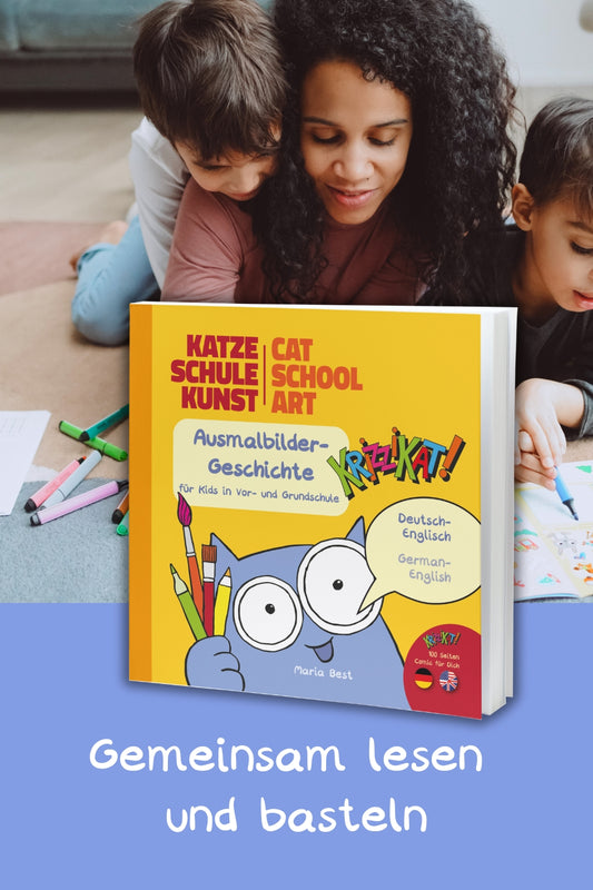08 "Katze Schule Kunst" - Krizzikat Comic in deutsch-englisch für Kids von 6-8